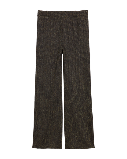 The Hydra Sheer Shimmer Pant - Onyx by Dandy Del Mar: straight-leg, ribbed metallic brown pants woven with Lurex fibers, displayed flat against a white background.
