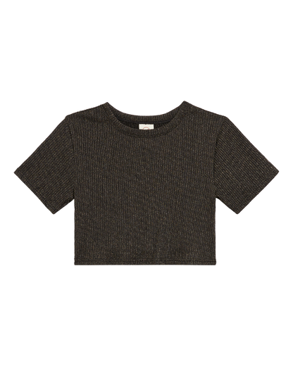 The Hydra Shimmer Shirt - Onyx by Dandy Del Mar, a dark gray ribbed short-sleeve crop top with a cropped crew fit, is laid flat on a white background.