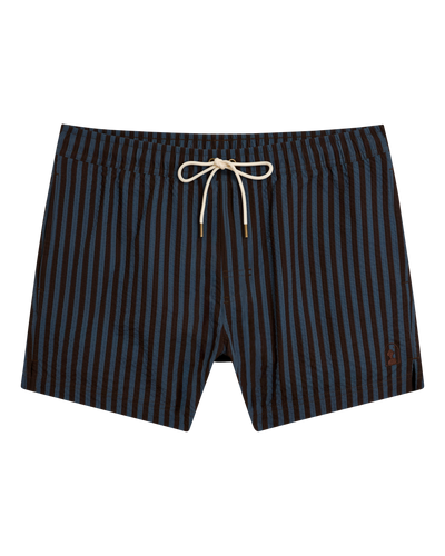 The Ventura Volley Shorts - Moontide by Dandy Del Mar: men's swim shorts with blue and black stripes, elastic waist, white drawstring, and a comfortable micro mesh liner. Shown on a plain white background.
