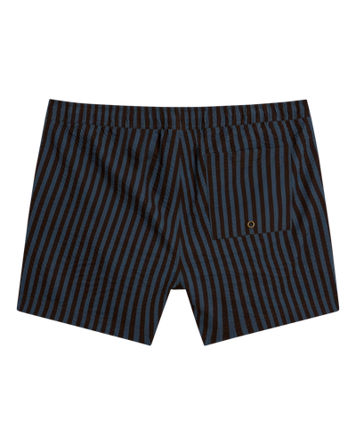 Back view of The Ventura Volley Shorts - Moontide by Dandy Del Mar, featuring black and dark blue vertical stripes, an elastic waist, a single back pocket, and a supportive micro mesh liner for comfort.