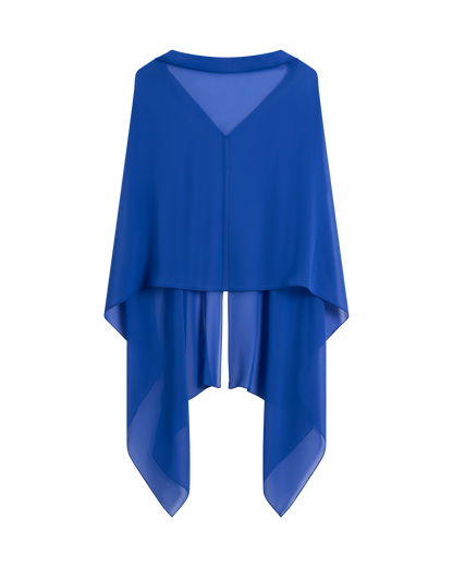 The Zante Top - Solana by Dandy Del Mar features a royal blue sheer chiffon design with a V-neck, open back, and draped asymmetrical hem for versatile styling.