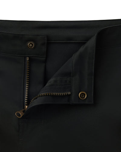 Close-up of Dandy Del Mar’s Mallorca Swim-Walk Shorts - Onyx, featuring an open zipper, unfastened button, detailed waistband, and adjustable side fasteners.