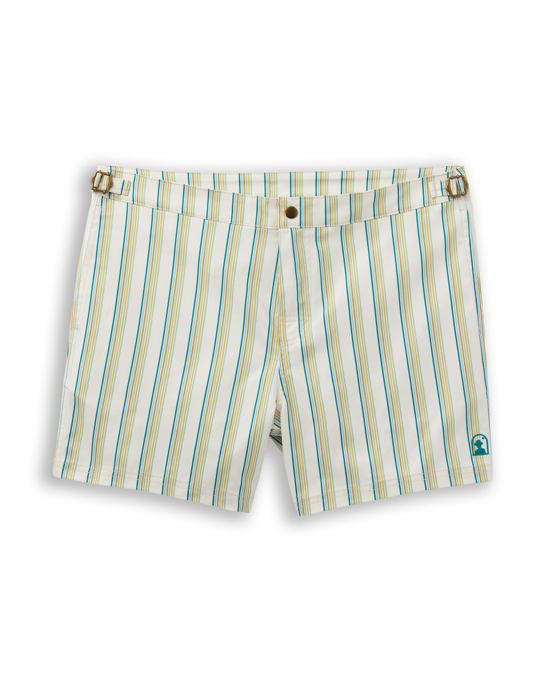 A white and blue striped Dandy Del Mar Mallorca Swim-Walk Short - Vintage Ivory Cay Stripe with single layer nylon construction.