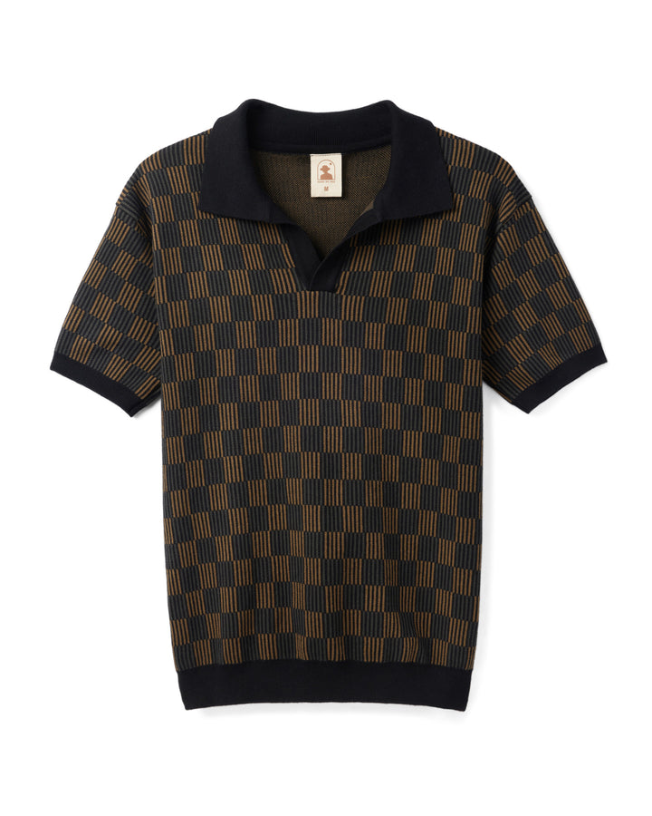 A brown and black checkered Dandy Del Mar Sebastian Knit Polo Shirt - Onyx.