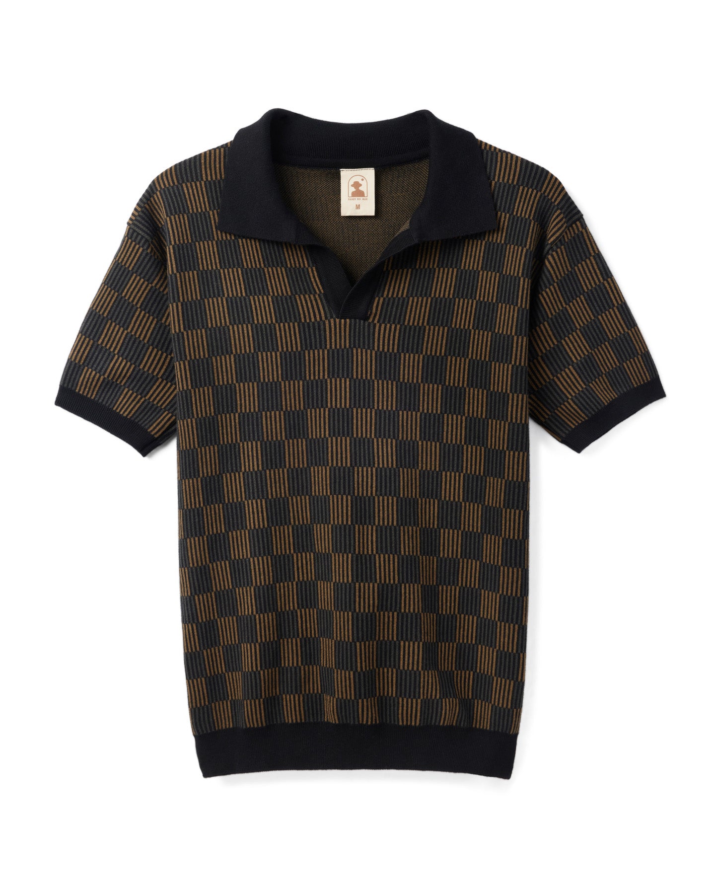 The Sebastian Knit Polo - Onyx by Dandy Del Mar is an Italian knit short-sleeve shirt with a black and brown checkerboard pattern, featuring a sleek black collar.