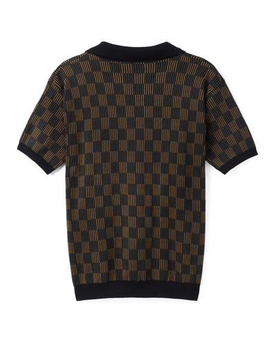 The Sebastian Knit Polo Shirt - Onyx by Dandy Del Mar features a black and brown geometric check pattern, shown from the back.